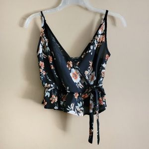 Papermoon | Spaghetti strap Flower print ruffle bottom wrap crop top SMALL